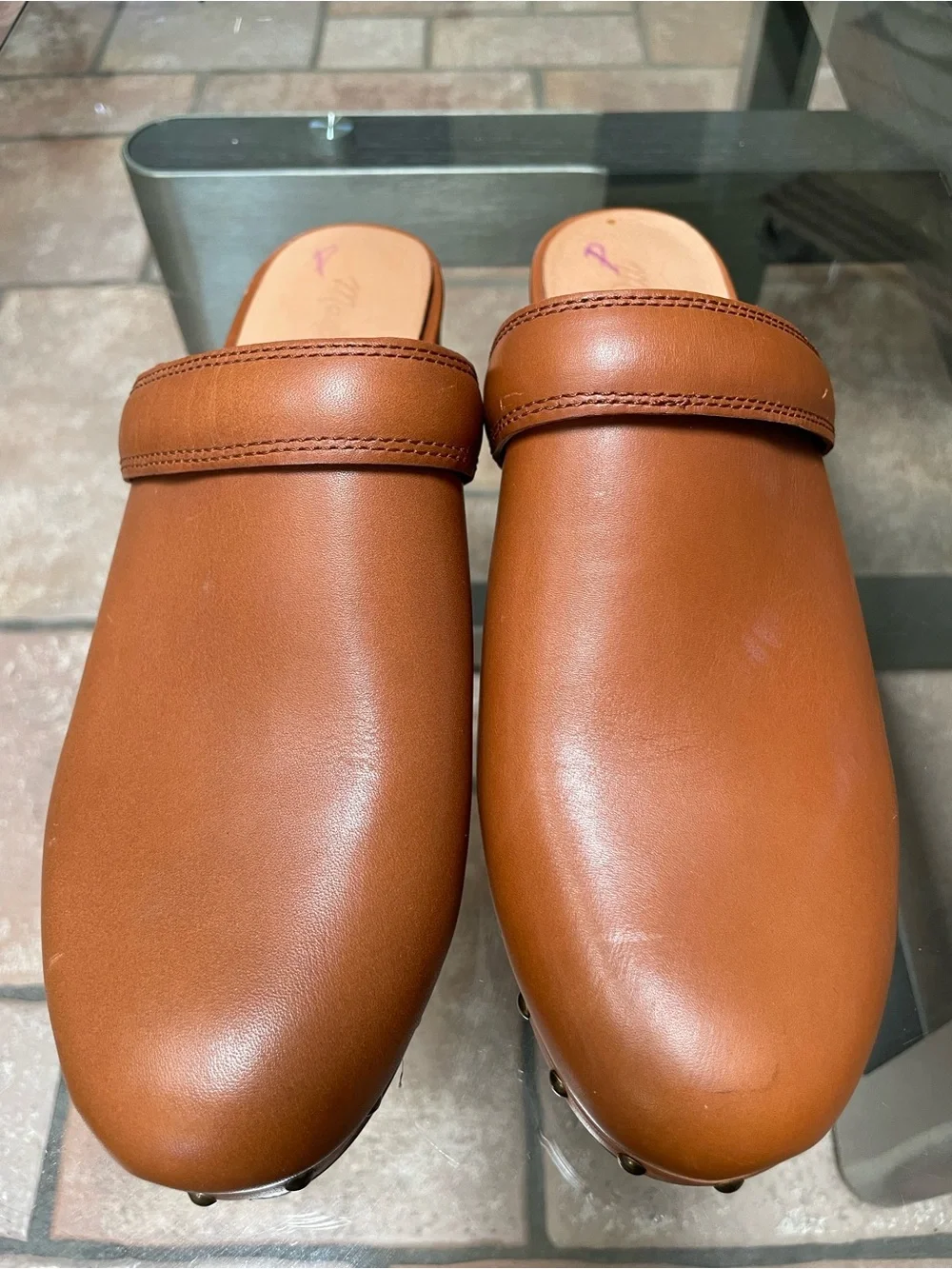 Madewell Cognac Leather Studded Clog Mules - Picture 2 of 7